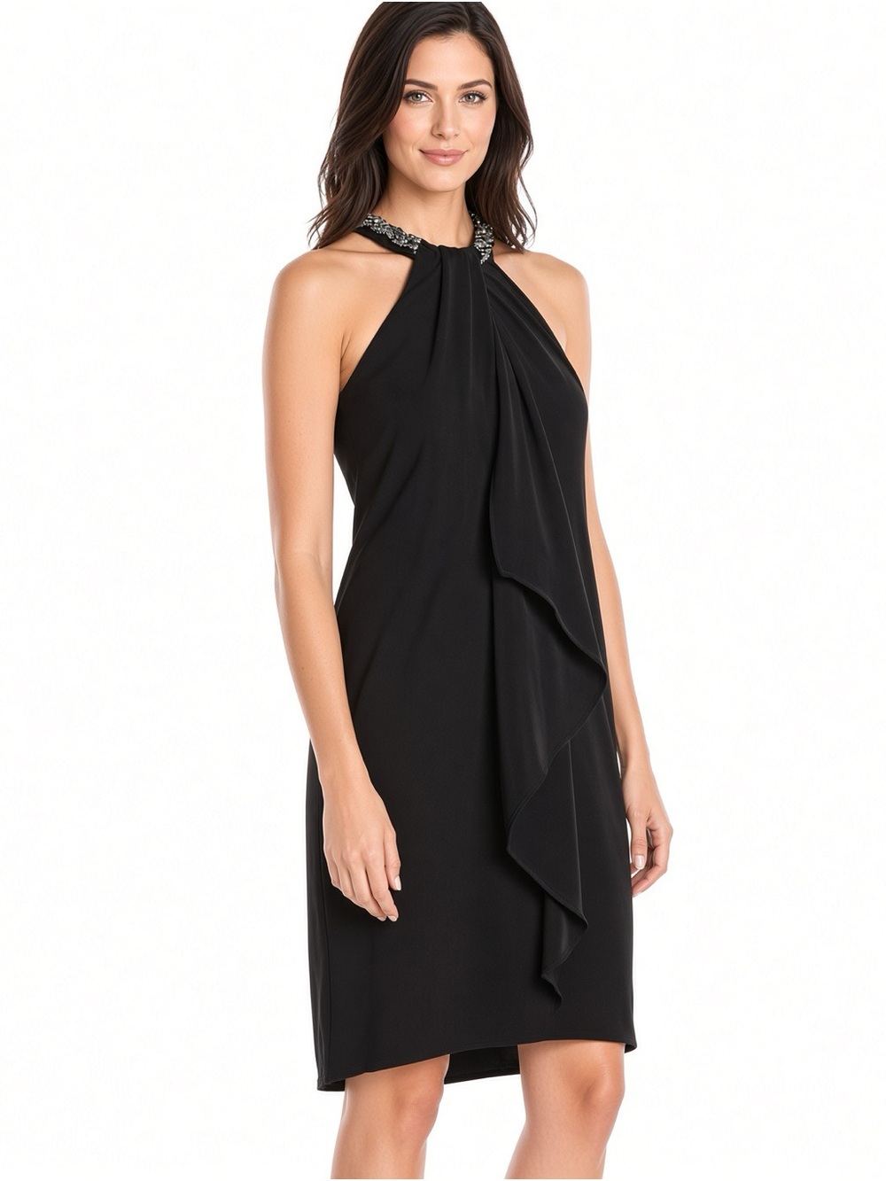 SL NY Fashions Black Halter Chiffon Dress with Embellished Neck 6P NWT